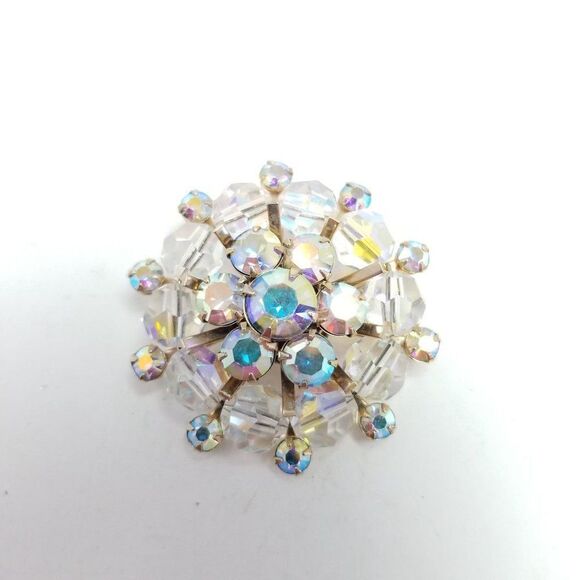 Vintage Rhinestone and AB Crystal Cluster Snowflake Brooch Lapel Pin, Estate - Picture 6 of 6